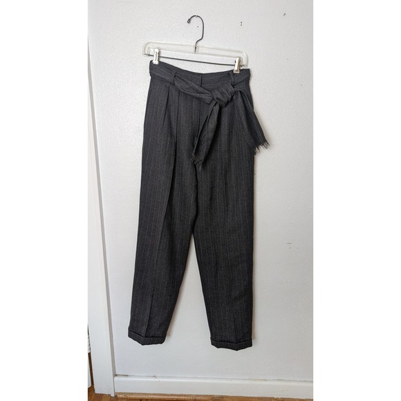 Vintage 80s Savannah Gray Wool Pinstripe High Waisted Belted Wide Leg Pant Sz 8 - Picture 1 of 5